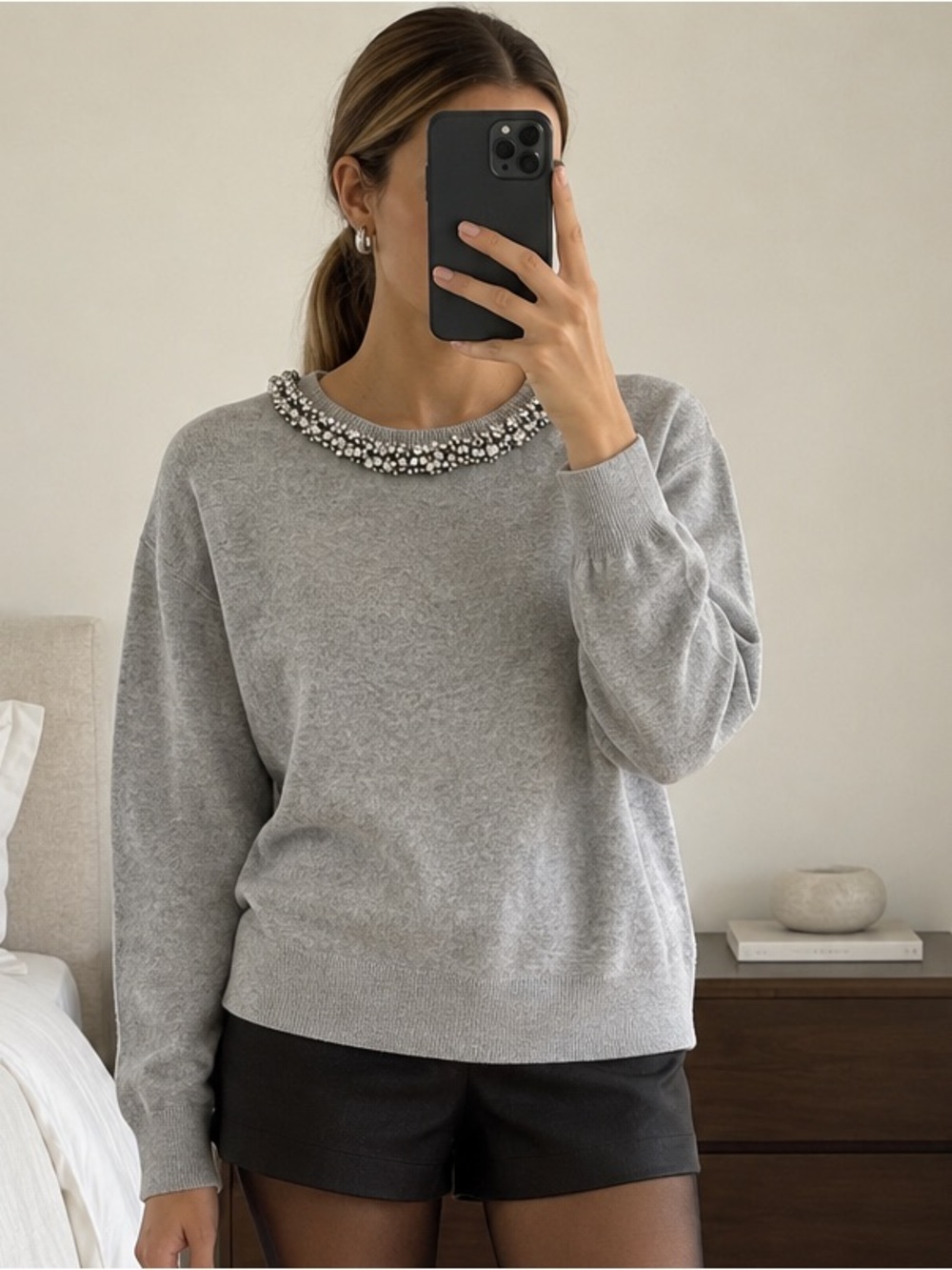 Topshop Grey Embellished Jeweled Neckline Cotton Sweater US 8 Excellent